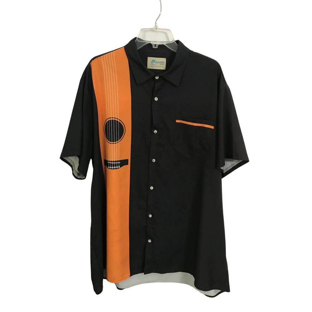 Hawaiian Mens Retro Bowling Shirt Black & Orange Acoustic Guitar Camp 3XL